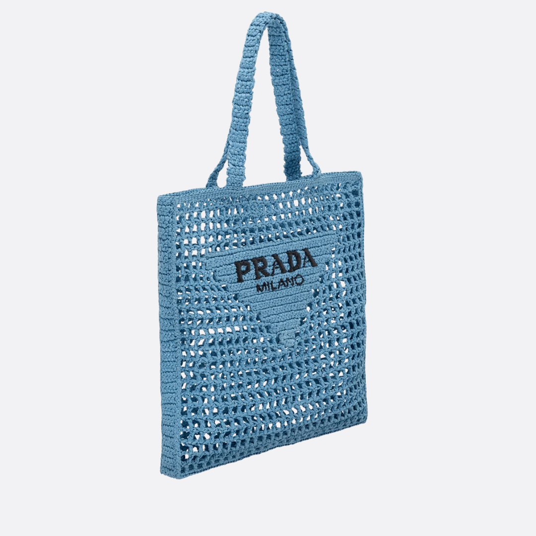 PRADA SHOPPER BAG IN RAFFIA WITH WOVEN LOGO – BLUE